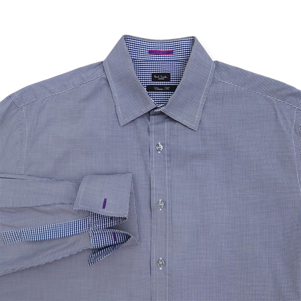 Paul Smith London Dress Shirt Mens 16 41 French Cuff Navy Gingham Made In Italy
